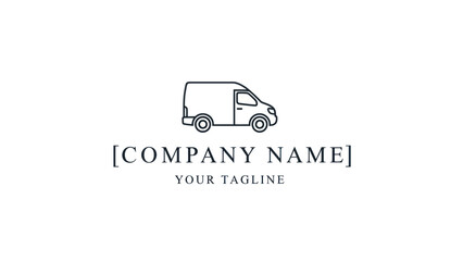 Minimalist line art logo featuring a side profile of a modern delivery van, with placeholder text for a company name and tagline below.