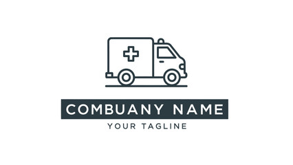 Minimalist line art ambulance icon with a medical cross, part of a logo design featuring placeholder text for a company name and tagline.