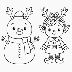 Cute Santa Claus and elf outline activity coloring page drawing 