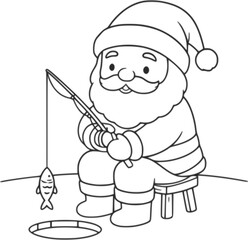 A cute Santa Claus fishing a cartoon coloring page design 