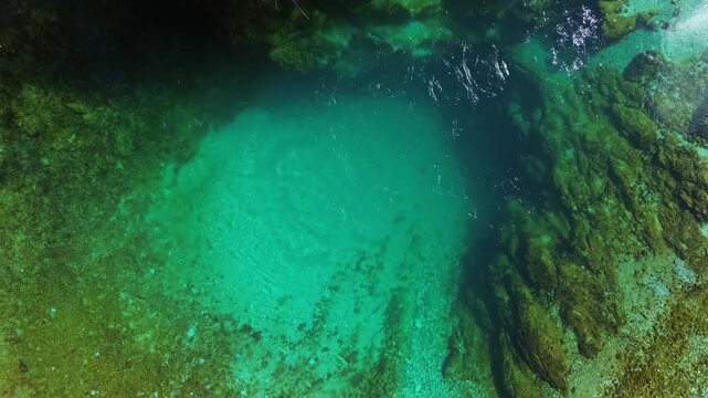Aerial top view of turquoise spring water surrounded by lush green forest, Oko Skakavice in Montenegro, 4k