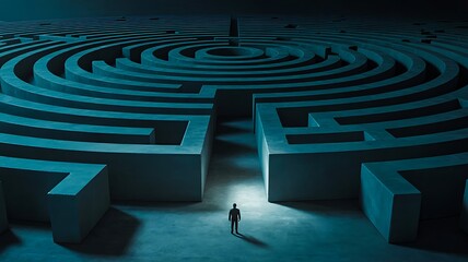 Person standing at entrance of giant maze in dramatic lighting

