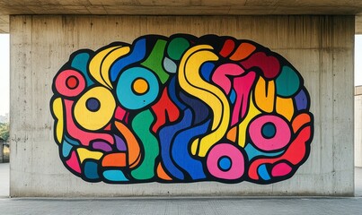 Colorful brain sketch on a concrete wall, symbolizing creativity, innovation, and intellectual growth, Generative AI