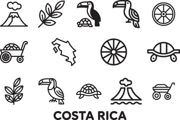 Costa Rica vector icons set isolated on transparent background, outline style for design