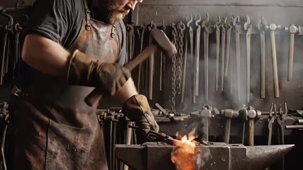 artisan strikes glowing metal at forge, skilled blacksmith forges hot metal with rhythmic blows, rustic workshop scene showcasing blacksmith shaping heated metal amid sparks and tools