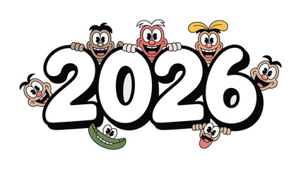 2026: Cheerful figures playfully frame the number, offering a vibrant and optimistic outlook for the new year. Capturing the spirit of anticipation, celebrating the future.
