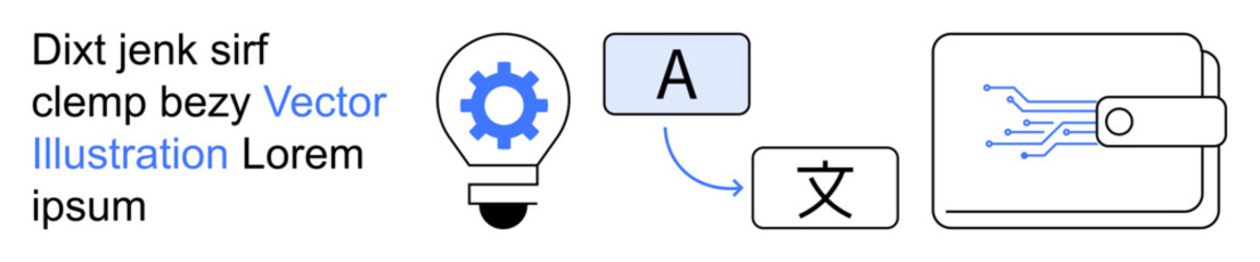 Artificial intelligence, language translation, digital payments, innovation, technology, education. Lightbulb with settings gear, text translation and a digital wallet. Language translation