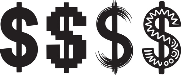 Set of dollar sign icons in various styles isolated on a transparent background with bright accents