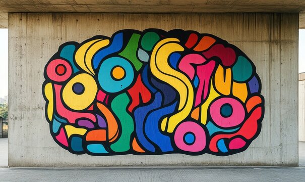 Colorful brain sketch on a concrete wall, symbolizing creativity, innovation, and intellectual growth, Generative AI - Powered by Adobe