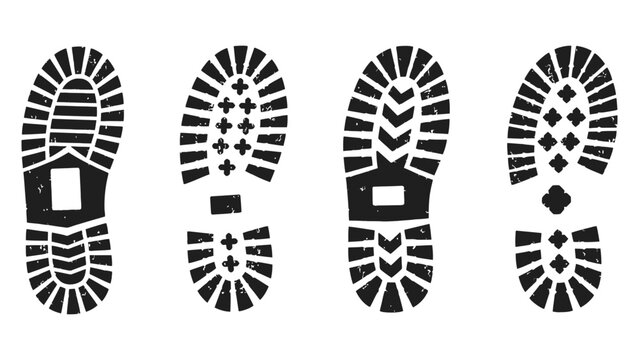 Four black boot prints in different designs isolated on white background