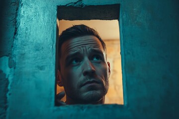 Man leaving a question mark room, symbolizing inquiry or decision-making, captured in a thought-provoking close-up shot, Generative AI