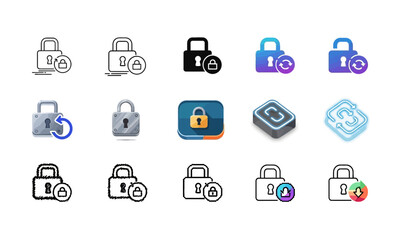 Digital Security Padlock Icons with Privacy and Encryption Themes in 3x5 Grid