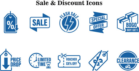 Set of Sale and Discount Icons - Promotional Tags, Special Offers, and Price Reduction Symbols