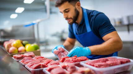 Young butcher packing, raw meat slaughterhouse, industrial food facility, packaging operation activity, meat processing work, commercial food production, quality control focus, fac