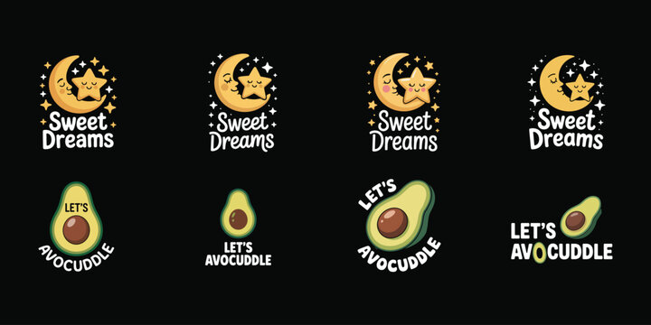 Cute Avocado and Moon Illustrations With Playful Text Over Black Background Keywords: avocado