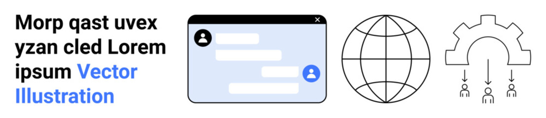 Fototapeta premium Digital communication, global networking, collaboration tools, data processing, teamwork, IT support. A chat window, globe and gear icon. Digital communication and global networking concept