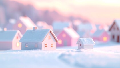 Miniature village nestled in a serene winter landscape. Soft lighting illuminates cozy homes, snowy terrain, and a gentle mountain backdrop