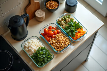 Healthy Vegan Meal Prep with Chickpeas, Vegetables and Grains in Glass Containers