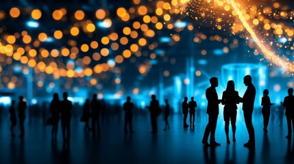 business event, blurred background, corporate meeting ,leadership, Presentation, Dynamic Corporate Expo: Networking, Innovation, and Brand Engagement Under Vibrant Lighting