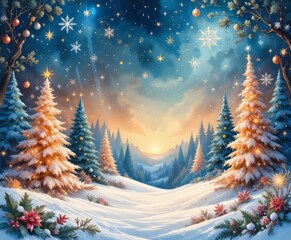 delicados copos de nieve, majestuosos &aacute;rboles de Navidad, adornos brillantes y acebo exuberante, sobre un fondo vibrante de colores c&aacute;lidos y alegres