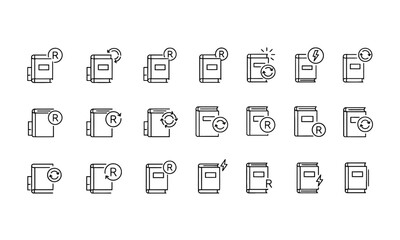 Minimalist Book Icons with Registration, Energy, and Rotation Symbols in 4x5 Grid