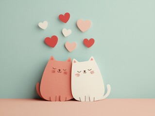 Valentine's Day Paper Cutout Cats and Hearts in Soft Pastel Colors
