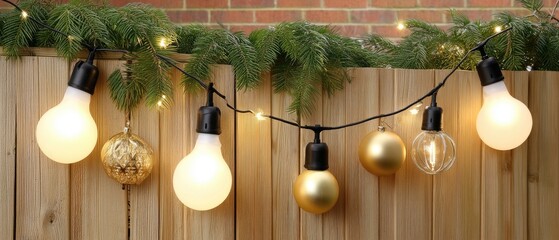 Decorative fairy lights hanging on a wooden fence with greenery and golden ornaments in a cozy outdoor setting