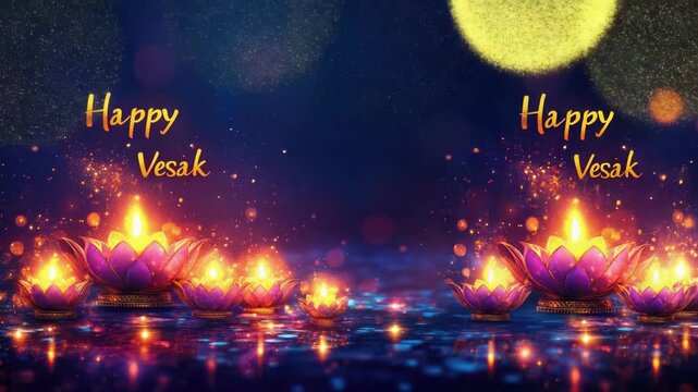 Happy vesak celebration with illuminated lotus candles on a shimmering water surface. Vesak, Buddha Day, Buddha Purnima, Buddha Jayanti - Buddhist Sacred Holiday, Birth of Gautama Buddha Celebration