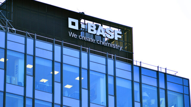 Warsaw, Poland. 28 November 2025. Urban landscape. Neon sign with the inscription: BASF. 