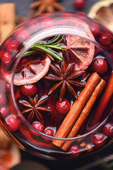 Top view of red mulled wine glass with slices of orange, cinnamon stick, star anise and cranberries close up. Christmas and winter holidays concept. Food photography