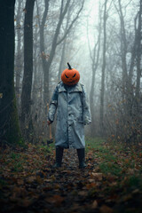Terrifying scarecrow with pumpkin mask and axe appears in dense mist among fall trees. Halloween horror scene filled with forest suspense and sinister presence