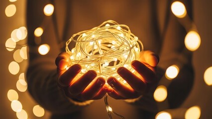 Hands holding a glowing ball of warm led string lights, creating a cozy and festive atmosphere with blurred bokeh lights in the background