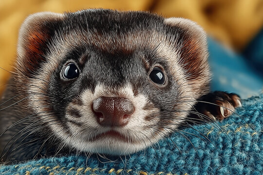 Portrait de mignon petit furet domestique curieux avec fourrure douce, animal de compagnie exotique et joueur regardant la cam&eacute;ra