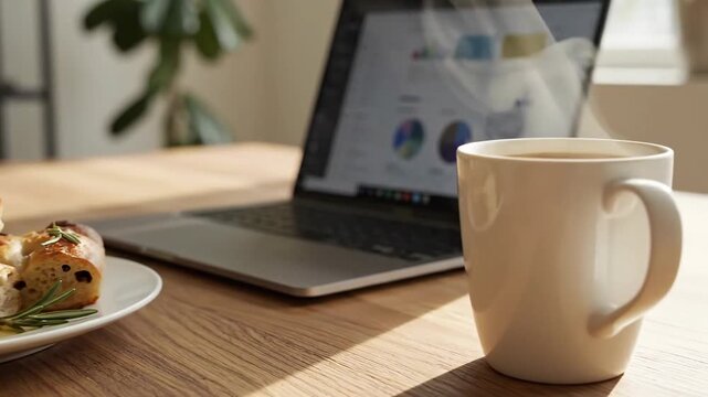 Delicious Focaccia Bread and Coffee Break with Laptop on Wooden Table
