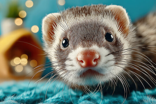 Portrait de mignon petit furet domestique curieux avec fourrure douce, animal de compagnie exotique et joueur regardant la cam&eacute;ra