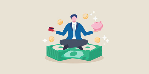 Man meditating on money with a piggy bank and flying coins