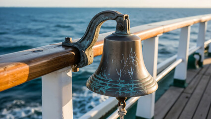 Ship bell on deck railing under sun symbolizing ocean journey