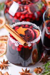Mulled wine in glasses prepared on Christmas holidays. Food and drink photography