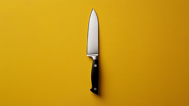 Sharp kitchen knife on bright yellow background ready for cooking tasks