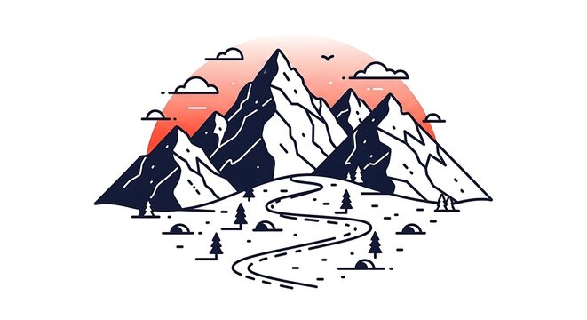 Scenic Mountain Trail Illustration with Tents and Sunset.