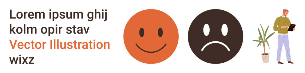 Emotions, feedback, mental health, mood, decision-making, personal growth. Round happy and sad face icons, abstract text a man holding a tablet and a plant. Emotions and feedback concept