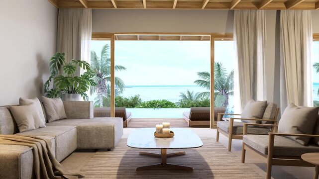 3D animation render of a modern contemporary coastal living room with gray sectional sofa, infinity pool, and tropical ocean view, blending indoor comfort with outdoor elegance.