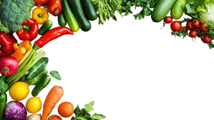 Fresh colorful organic vegetables arranged border frame with copy space top view food flat lay isolated on white background