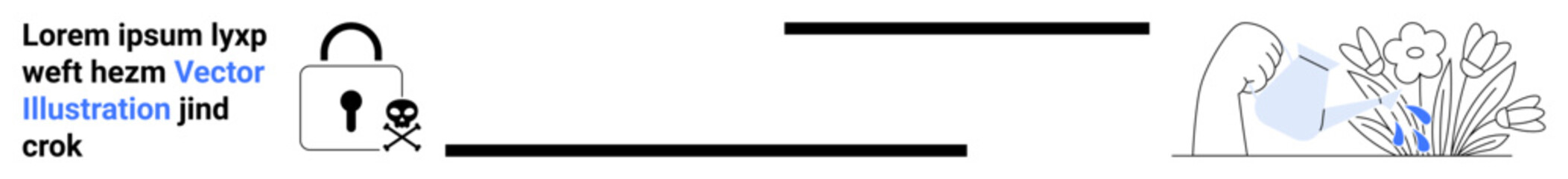 Data protection, hacking risks, environmental growth, digital security, sustainable practices, cyber threats. Lock symbol with skull and watering hand on flowers. Cyber threats and environmental