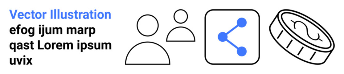 Social media, user profiles, online sharing, digital currency, networking, fintech. Two user icons, share symbol coin. Social media and digital currency for modern communication