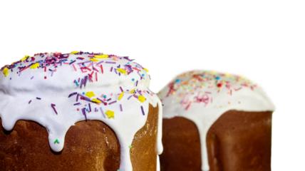 Sweet Easter Kulich Bread with Thick White Glaze and Rainbow Candy Sprinkles