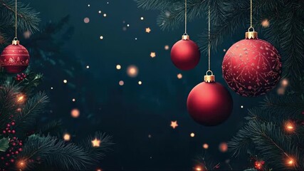 Christmas background with festive red ornaments and pine branch. Winter holiday season greeting card with sparkling lights. Magical celebration backdrop.