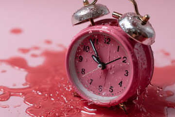 Stunning pink alarm clock covered in water droplets spills vibrant red liquid creating chaotic time concept