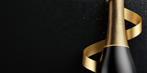 Champagne bottle with gold ribbon and sparkling confetti on black copy space background, luxury celebration party concept with flowing metallic decoration and festive atmosphere.