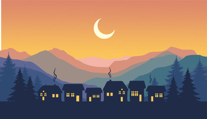 Fototapeta premium Flat vector Mountain landscape. Panorama of a Christmas village and silhouettes of deer and pine trees. Christmas themed vector background.